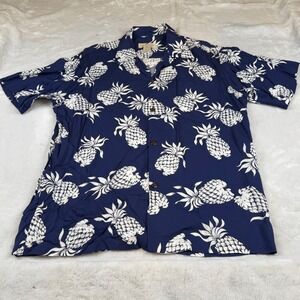 Pineapple Juice Mens Hawaiian Shirt Blue White Pineapple Print Rayon USA L 71043